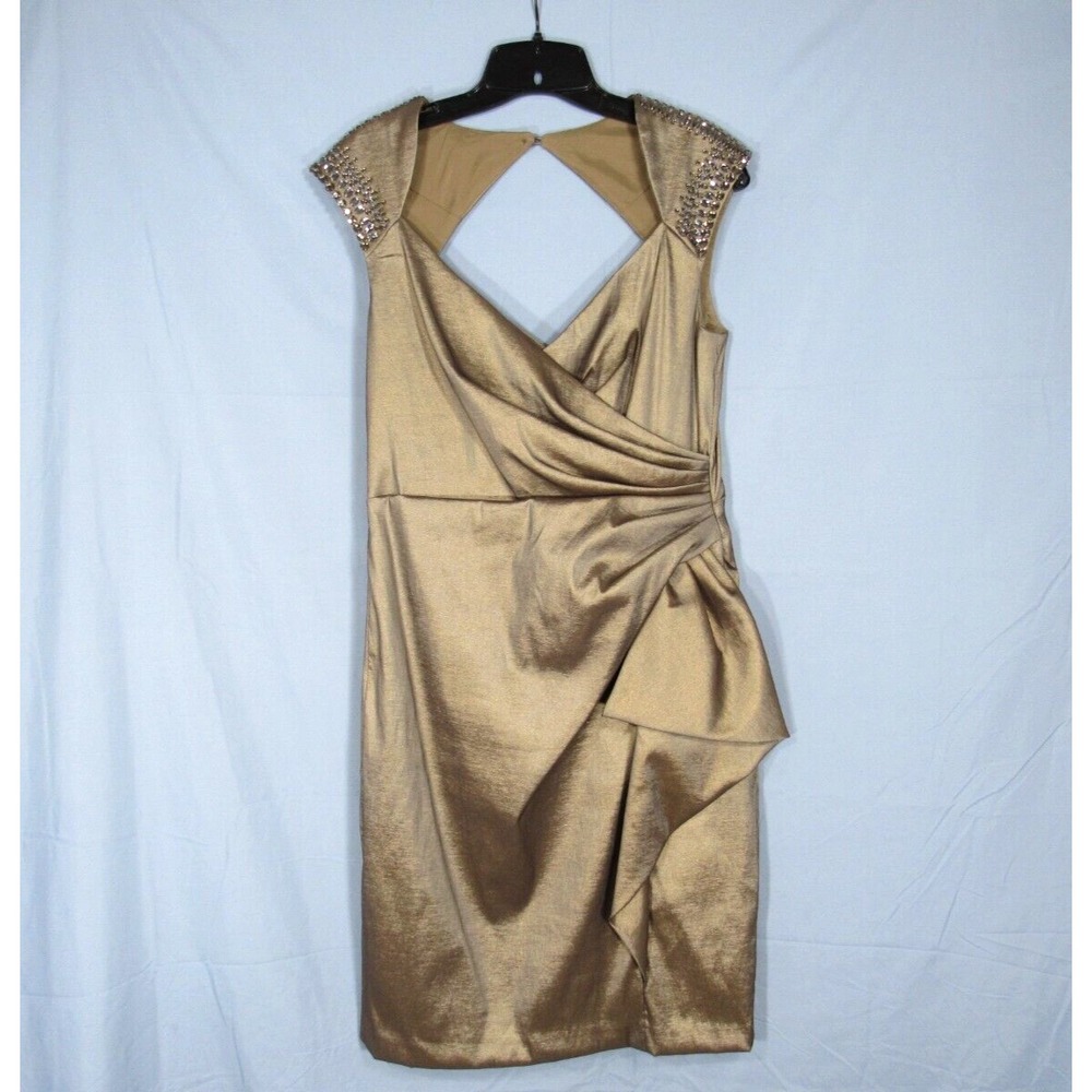 MAGGY LONDON Golden Bronze TAFFETA Rhinestones SURPLICE Sheath COCKTAIL DRESS 10